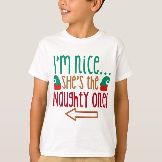 Im Nice Shes Naughty Elf Hat Tee Shirt (Framsida)