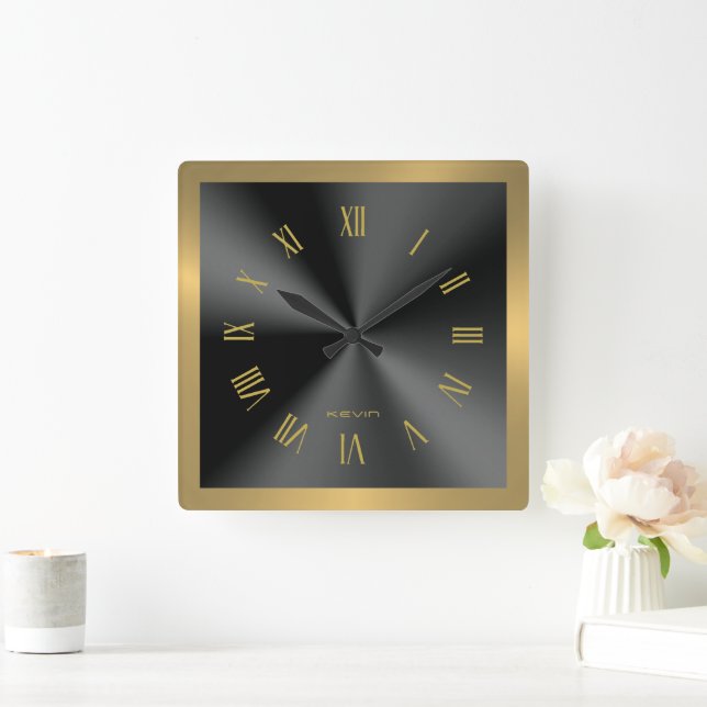 Image of Black & Gold & Metallic Stainless Steel Fyrkantig Klocka (Hem)