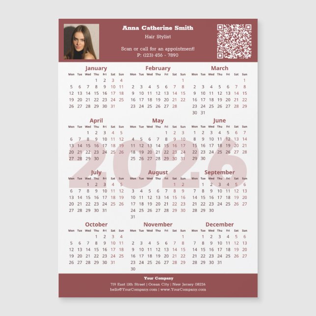 Image QR-code Burgundy White 2026 Calendar Magnet (Framsida)