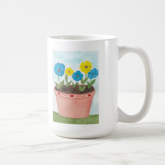 Imaginära blommor i blomkruka med hjärtan kaffemugg (Höger)