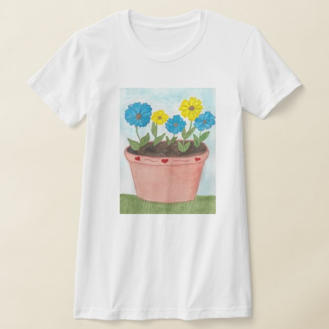 Imaginära blommor i blomvas med hjärtan t shirt (Laydown)