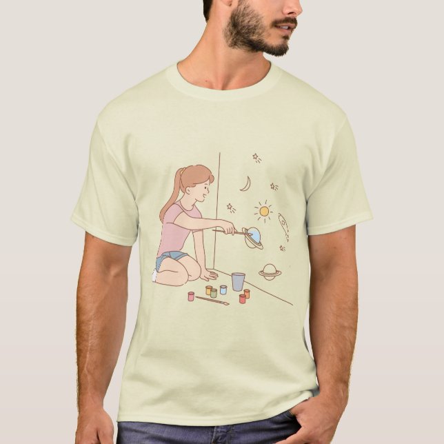 Imaginative Art Girl Painting the Universe T-Shirt (Framsida)