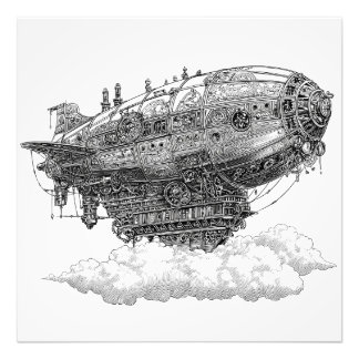 Imaginative Black White Flytande City Airship Fototryck