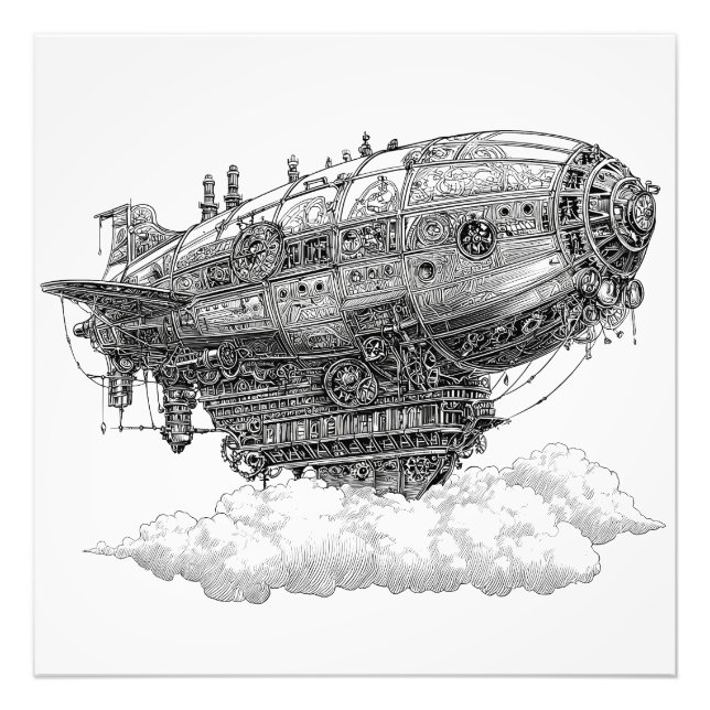 Imaginative Black White Flytande City Airship Fototryck (Framsidan)