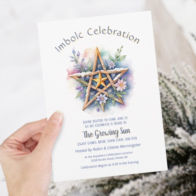 Imbolc Blommigt Snowy Pentacle Lila Wiccan Helgdag Inbjudningar (Imbolc Floral Snowy Pentacle Purple Wiccan Holiday Invitation)