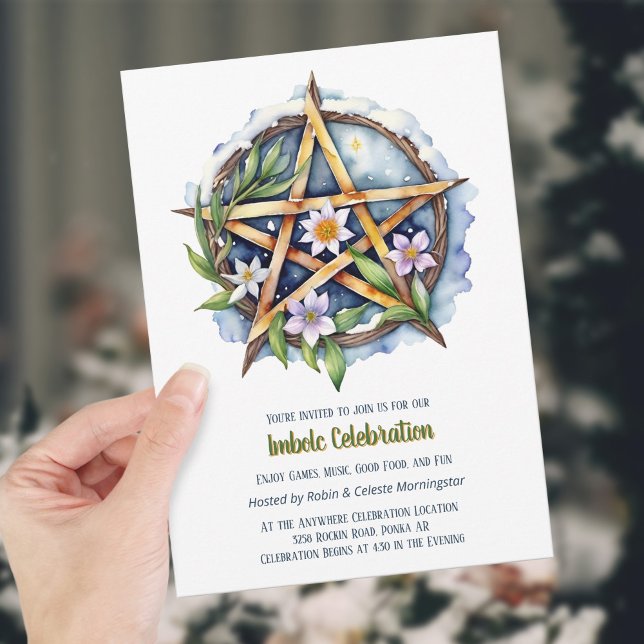 Imbolc Blommigt Snowy Pentacle Wiccan Helgdag Inbjudningar (Imbolc Floral Snowy Pentacle Wiccan Holiday Invitation)