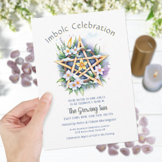 Imbolc Blommigt Snowy Pentacle Wiccan Helgdag Inbjudningar