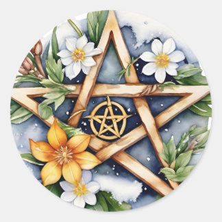 Imbolc Blommigt Snowy Pentacle Wiccan Helgdag Runt Klistermärke