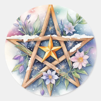 Imbolc Blommigt Snowy Pentacle Wiccan Helgdag Runt Klistermärke
