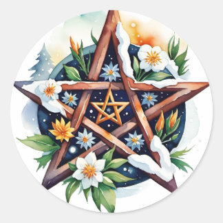 Imbolc Blommigt Snowy Pentacle Wiccan Helgdag Runt Klistermärke