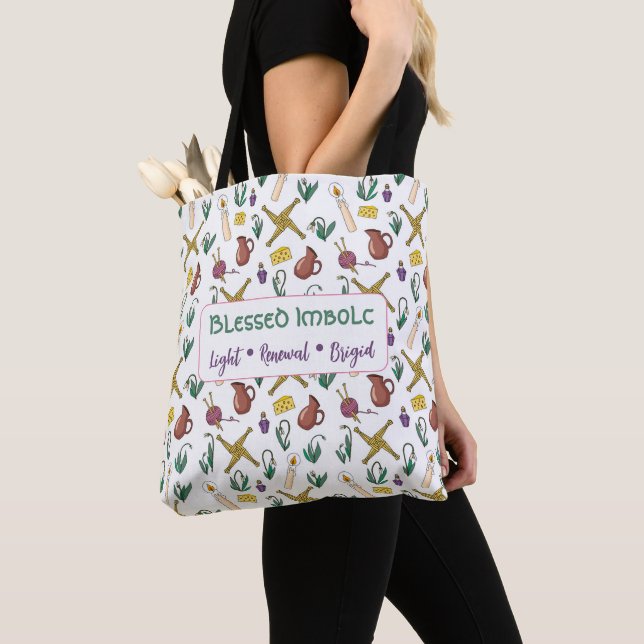 Imbolc Tote Bag Pagan Seasonal Pattern with Brigid Tygkasse (Närbild)