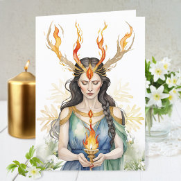 Imbolc Wiccan Goddess Flame & Golden Snowflake Helgkort