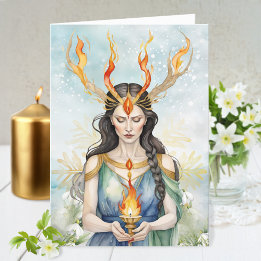Imbolc Wiccan Goddess Flame & Golden Snowflake Helgkort