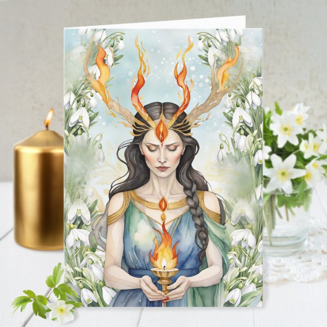 Imbolc Wiccan Goddess Flame & Snowdrowers Helgkort (Imbolc Wiccan Goddess Flame & Snowdrop Flowers Holiday Card)
