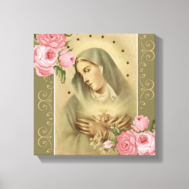 "Immaculate Heart of Mary Rosa ros Lilies Stars Canvastryck (Framsida)