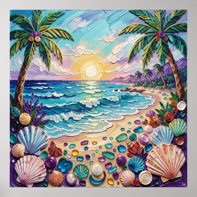 Impasto Beach and Sea Glass Sunset and Sunrise Poster (Framsidan)