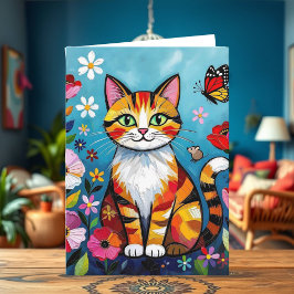 Impasto Cat, Flowers & Butterfly Birthday Kort