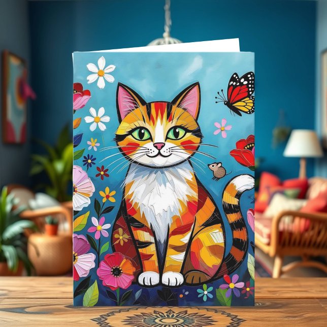 Impasto Cat, Flowers & Butterfly Birthday Kort (Skapare uppladdad)
