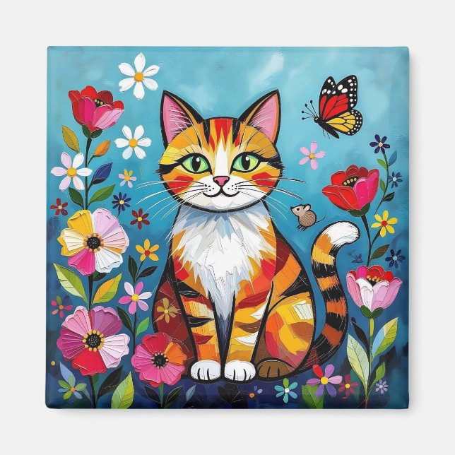 Impasto Cat, Flowers & Butterfly Magnet (Framsidan)
