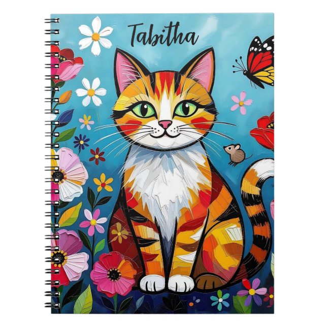 Impasto Cat, Flowers & Butterfly Personalized Anteckningsbok (Framsidan)