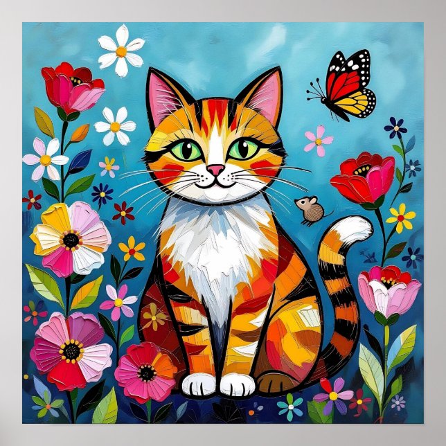 Impasto Cat, Flowers & Butterfly Poster (Framsidan)