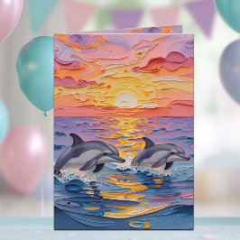 Impasto Dolphins and Ocean Waves | Happy Birthday Kort