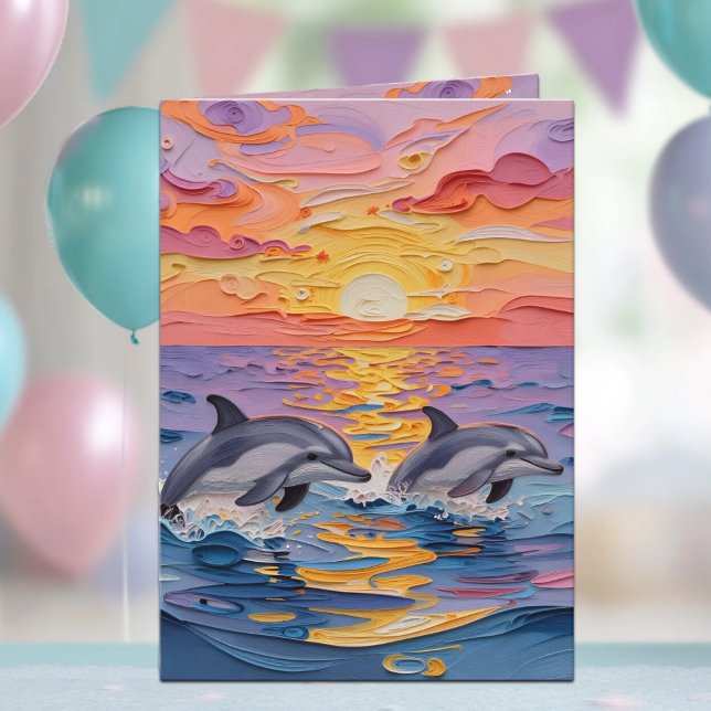 Impasto Dolphins and Ocean Waves | Happy Birthday Kort (Skapare uppladdad)