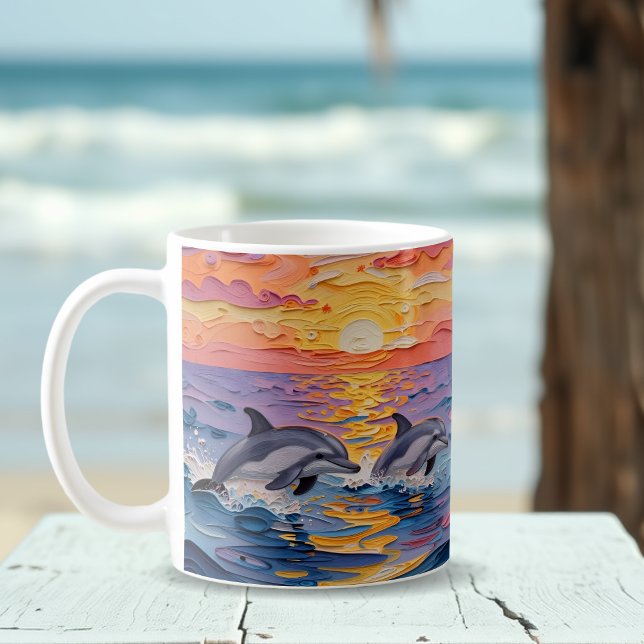 Impasto Dolphins and Ocean Waves   Kaffemugg (Skapare uppladdad)