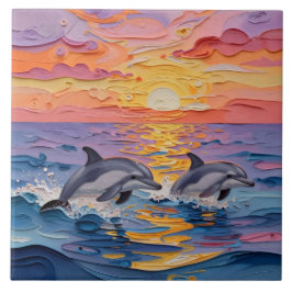 Impasto Dolphins and Ocean Waves   Kakelplatta