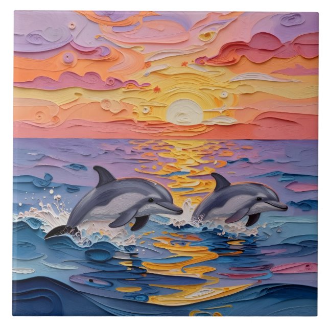 Impasto Dolphins and Ocean Waves   Kakelplatta (Framsidan)