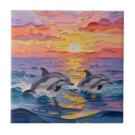 Impasto Dolphins and Ocean Waves   Kakelplatta