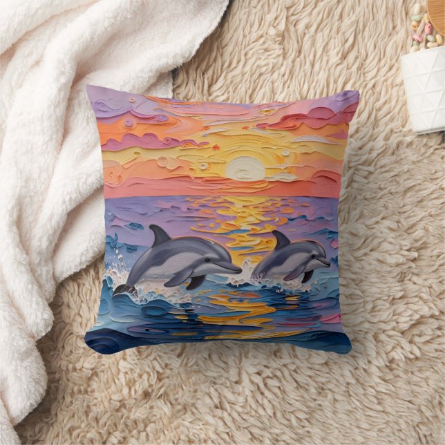 Impasto Dolphins and Ocean Waves   Kudde (Filt)