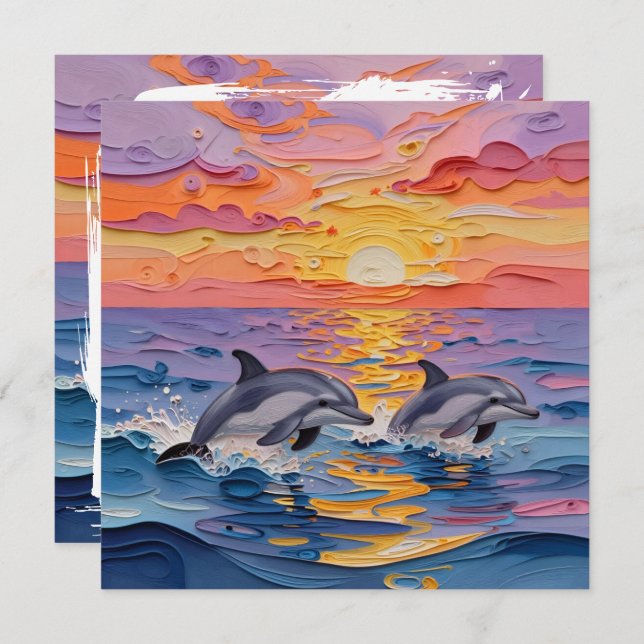Impasto Dolphins and Ocean Waves | Thinking of You Kort (Fram/baksida)