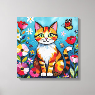 Impasto Katt, Blommor & Fjäril Canvastryck