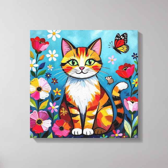 Impasto Katt, Blommor & Fjäril Canvastryck (Framsida)
