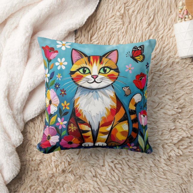 Impasto Katt, Blommor & Fjäril Kudde (Filt)