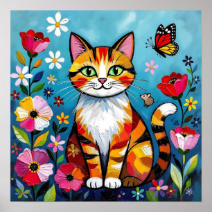 Impasto Katt, Blommor & Fjäril Poster