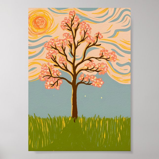 Impasto Körsbärsblomstrande Träd Virvlande Stjärnh Poster (Framsidan)