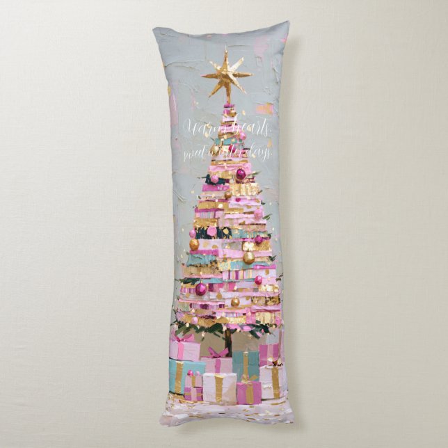 Impasto Pink and Gold Christmas Tree Kroppskudde (Baksidan (Vertikal))