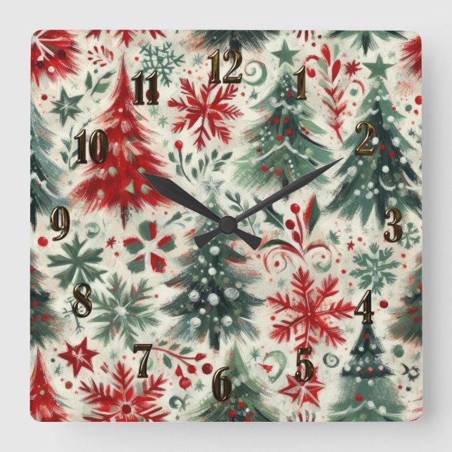 Impasto Red and Grönt jul Motifs Collage Fyrkantig Klocka (Framsida)