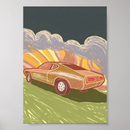 Impasto Retro Muscle Car Swirling Road Sunset Art  Poster