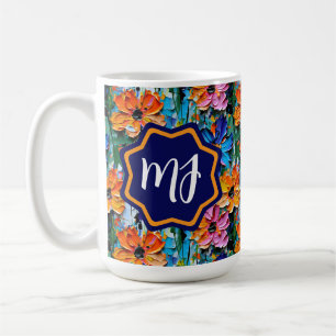 Impasto Stil Flowers i en färgfull monogrammad Kaffemugg