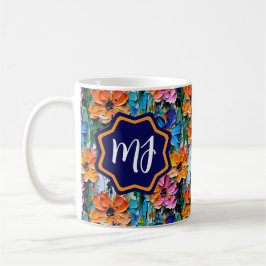 Impasto Stil Flowers i en färgfull monogrammad Kaffemugg