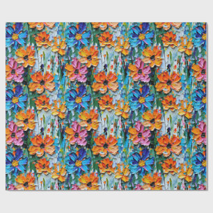Impasto Stil Flowers i en färgfull Mönster Presentpapper