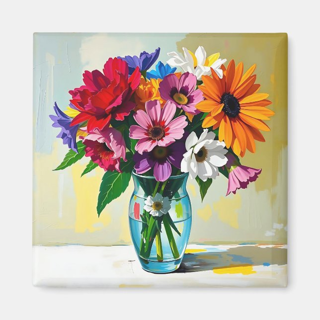 Impasto stilvase med färgglada blommor magnet (Framsidan)