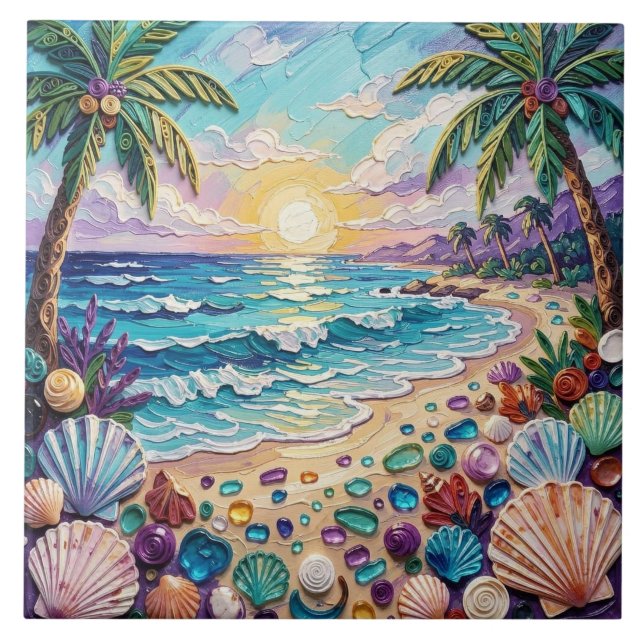 Impasto strand och havsglas solnedgång och palmer kakelplatta (Framsidan)