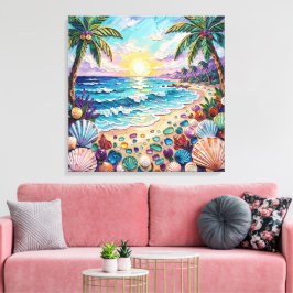 Impasto strand och havsglas solnedgång och soluppg canvastryck