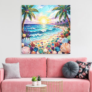 Impasto strand och havsglas solnedgång och soluppg canvastryck