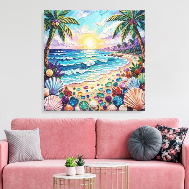 Impasto strand och havsglas solnedgång och soluppg canvastryck (Insitu (Vardagsrum))
