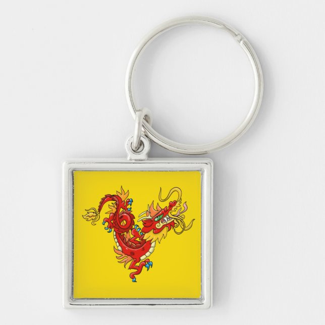 Imperial Oriental Dragon Fyrkantig Silverfärgad Nyckelring (Framsidan)